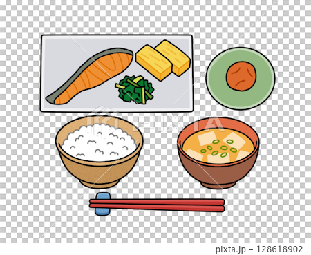 日式早餐套餐（鮭魚味噌湯）彩色插圖 128618902