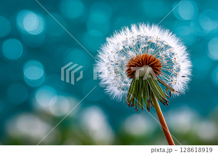 Dandelion Seed Head in White with Teal and Aqua Blurred Field 128618919