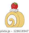苺とホイップが乗ったかわいいロールケーキのイラスト 128618947