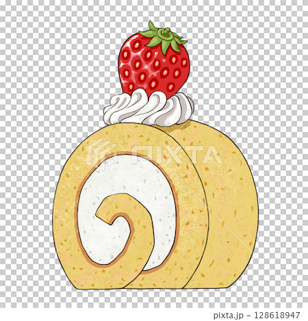 苺とホイップが乗ったかわいいロールケーキのイラスト 128618947