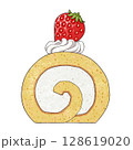 苺とホイップが乗ったかわいいロールケーキの正面イラスト 128619020