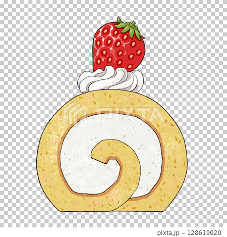 帶有草莓和奶油的可愛蛋糕卷的正面插圖 帶有草莓和奶油的可愛蛋糕卷的正面插圖 128619020