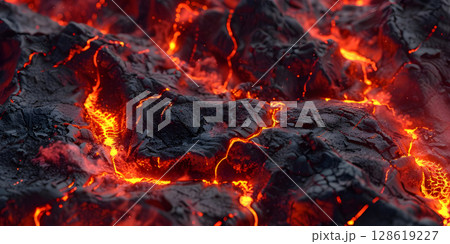 Fiery Black and Red Lava Volcano Background, Dynamic Black and Red Lava Flow Background, Intense Black and Red Volcanic Eruption Background - Ai Generated Fiery Black and Red Lava Volcano Background, Dynamic Black and Red Lava Flow Background, Intense Black and Red Volcanic Eruption Background - Ai Generated 128619227