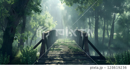 Serene Forest Bridge Landscape Background, Tranquil Wooden Bridge in the Forest, Forest Bridge Spanning Through Lush Trees - Ai Generated 128619236