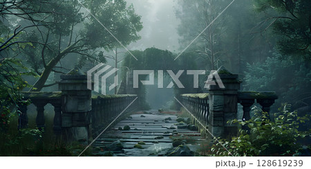 Serene Forest Bridge Landscape Background, Tranquil Wooden Bridge in the Forest, Forest Bridge Spanning Through Lush Trees - Ai Generated 128619239