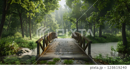Serene Forest Bridge Landscape Background, Tranquil Wooden Bridge in the Forest, Forest Bridge Spanning Through Lush Trees - Ai Generated 128619240