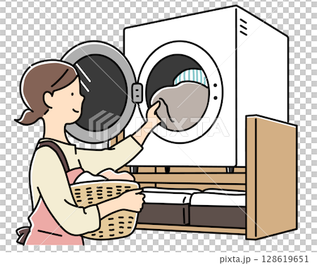 A mother taking out laundry from the ventilation fan 128619651