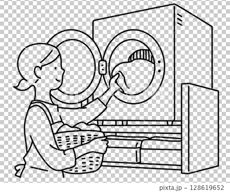 換気扇から洗濯物を取り出すお母さん_線画 128619652