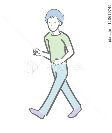 半袖Tシャツで真顔で歩く若い男性の淡い色のイラスト 128619749