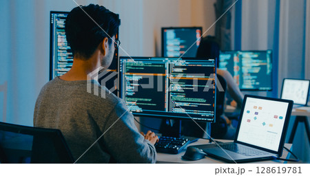 Group Adult Asia male, female freelance typing write prompt AI bot IT app smart program nomad, video game, terminal with coding language, designer, big data center on desktop computer in night office. Group Adult Asia male, female freelance typing write prompt AI bot IT app smart program nomad, video game, terminal with coding language, designer, big data center on desktop computer in night office. 128619781