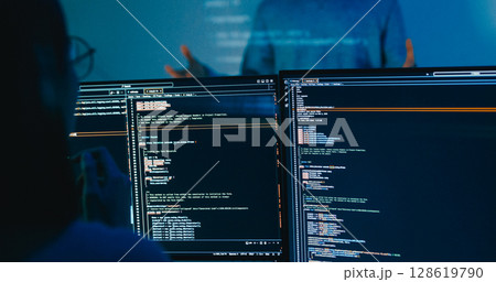 Group adult Asia male software developers mentor leader manager talk strategy plan to executive write prompt AI bot IT app program nomad, video game, designer, data center. Projecting slideshow code. Group adult Asia male software developers mentor leader manager talk strategy plan to executive write prompt AI bot IT app program nomad, video game, designer, data center. Projecting slideshow code. 128619790