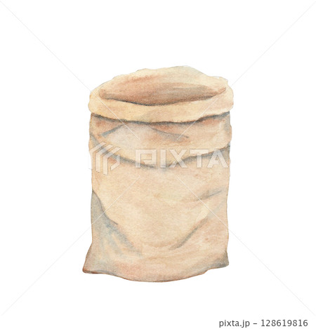 Empty paper or cloth bag with soft creases, natural beige tones watercolor illustration isolated on white. Perfect for eco-friendly packaging, organic product branding, or rustic kitchen compositions 128619816