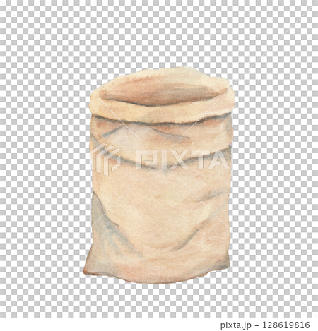 Empty paper or cloth bag with soft creases, natural beige tones watercolor illustration isolated on white. Perfect for eco-friendly packaging, organic product branding, or rustic kitchen compositions 128619816
