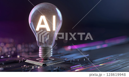 Light bulb with letters AI inside floating above circuit board, symbolizing artificial intelligence technology and innovation, illuminated futuristic setting with vibrant colors and glowing 128619948