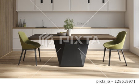 Modern dining room with dark wood table and two green upholstered chairs, minimalist kitchen background with white cabinets and wooden accents, natural light, contemporary interior design Modern dining room with dark wood table and two green upholstered chairs, minimalist kitchen background with white cabinets and wooden accents, natural light, contemporary interior design 128619971