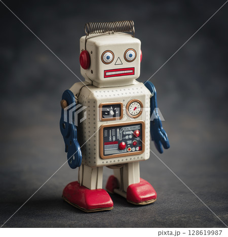 Vintage robot toy with simple design featuring cute face, colorful limbs, and mechanical details, evoking nostalgia and playful curiosity in retro style 128619987