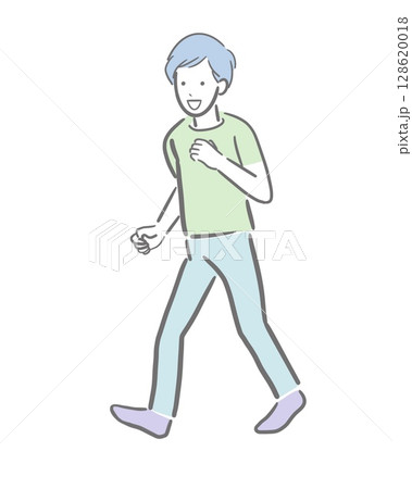半袖Tシャツで笑顔で小走りする男性の淡い色のイラスト 半袖Tシャツで笑顔で小走りする男性の淡い色のイラスト 128620018