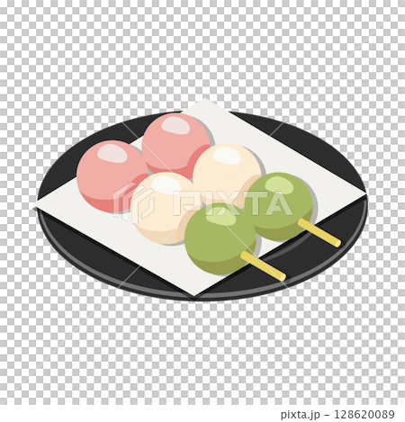 三色団子2本の黒い丸皿と白い懐紙の盛り付け（フラットアイソメトリックイラスト） 128620089