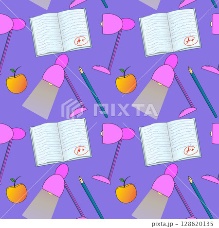 Seamless pattern with vector school desk lamps, notebooks, pencils, and apples on a purple background. For back to school theme, school supplies or stationery design, textile print, and wrapping paper 128620135