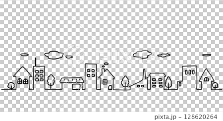 Simple hand-drawn line illustration of a cityscape in black and white 128620264