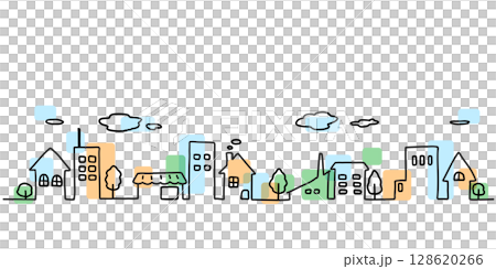 簡單的手繪線條彩色城市景觀插圖 128620266