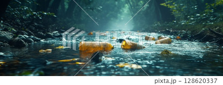 Littered waterside, showing extensive pollution in a densely built urban area. Trash accumulates heavily along the shore 128620337