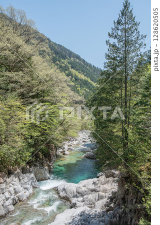 長野阿寺渓谷のトレッキング 128620505