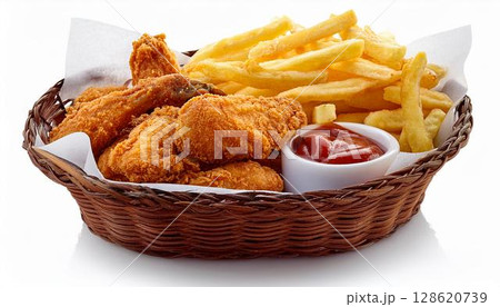 チキンストリップとフライドポテトのバスケット 128620739