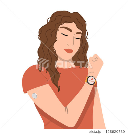 Young woman shows smart watch application measuring glucose level.  128620780