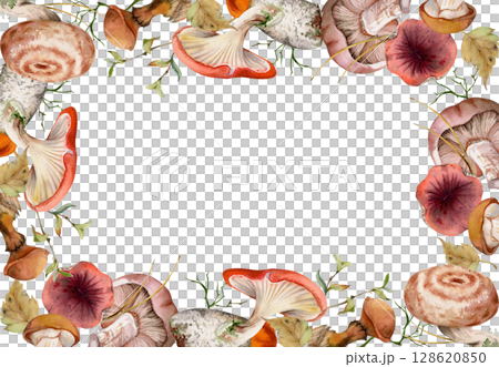 Bolete cep russula suillus mushroom fungi with leaves twigs pine needles. Watercolor hand drawn border frame. Autumn forest harvest, vegan cooking edible raw ingredient. Menu scrapbooking stationery 128620850