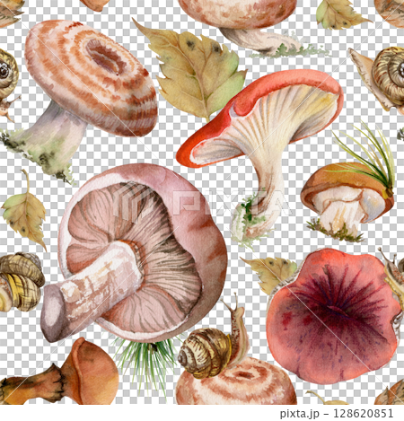 Bolete cep russula suillus mushroom fungi with autumn leaves pine needles snails, forest harvest. Seamless pattern hand drawn in watercolor. Scrapbooking decoupage origami, farmers market wrapping 128620851