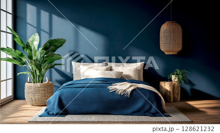 Minimal Bedroom with Morning Sunlight Navy blue color scheme Minimal Bedroom with Morning Sunlight Navy blue color scheme 128621232