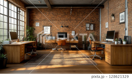 Loft industry syle small home Office Interior design with brick wall for startup Loft industry syle small home Office Interior design with brick wall for startup 128621329