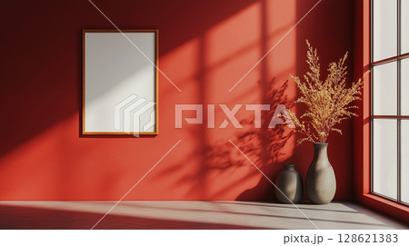 Stylish minimalistic composition mockup picture frame on wall and vases decoration living room on red wall Stylish minimalistic composition mockup picture frame on wall and vases decoration living room on red wall 128621383