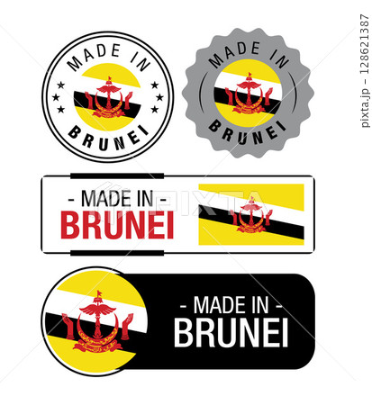 Set of Made in Brunei labels, logo, Brunei flag, Brunei Product Emblem. Vector illustration 128621387