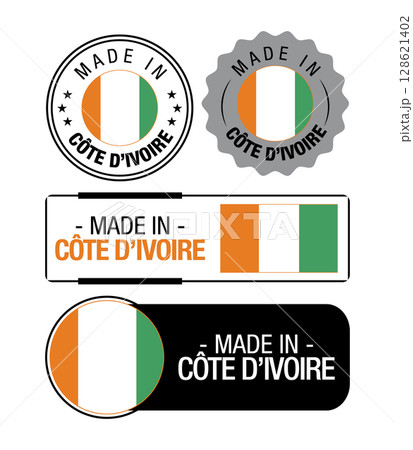 Set of Made in Cote D Ivoire labels, logo, Cote D Ivoire flag, Cote D Ivoire Product Emblem. Vector illustration 128621402