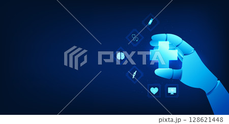 Robotic hand holding Medical Neutrality Represents AI technology in medicine, where robots are used to diagnose and treat diseases, tools to help prevent disease. Robotic hand holding Medical Neutrality Represents AI technology in medicine, where robots are used to diagnose and treat diseases, tools to help prevent disease. 128621448