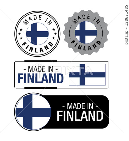 Set of Made in Finland labels, logo, Finland flag, Finland Product Emblem. Vector illustration Set of Made in Finland labels, logo, Finland flag, Finland Product Emblem. Vector illustration 128621485