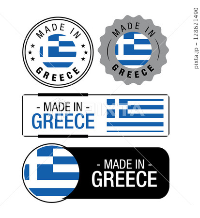 Set of Made in Greece labels, logo, Greece flag, Greece Product Emblem. Vector illustration Set of Made in Greece labels, logo, Greece flag, Greece Product Emblem. Vector illustration 128621490