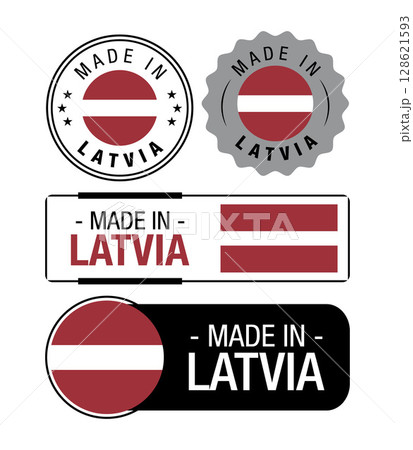 Set of Made in Latvia labels, logo, Latvia flag, Latvia Product Emblem. Vector illustration 128621593