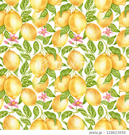 Seamless pattern with lemons, leaves, a fruit-bearing flowering tree, a hand-drawn watercolor ornament. Juicy summer fruits for kitchen textiles, wallpaper, bedding, and tableware. Seamless pattern with lemons, leaves, a fruit-bearing flowering tree, a hand-drawn watercolor ornament. Juicy summer fruits for kitchen textiles, wallpaper, bedding, and tableware. 128621650