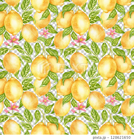Seamless pattern with lemons, leaves, a fruit-bearing flowering tree, a hand-drawn watercolor ornament. Juicy summer fruits for kitchen textiles, wallpaper, bedding, and tableware. 128621650
