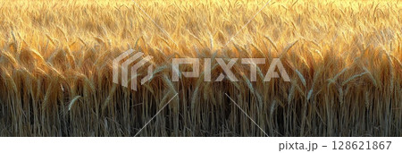 Golden ears of wheat swaying gently sunlit field, their grains full and ripe, creating a sense of abundance and harvest season 128621867