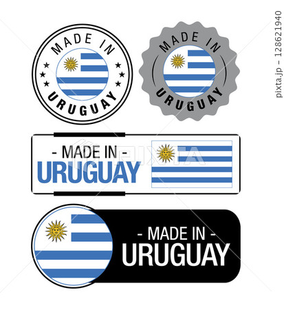 Set of Made in Uruguay labels, logo, Uruguay flag, Uruguay Product Emblem. Vector illustration Set of Made in Uruguay labels, logo, Uruguay flag, Uruguay Product Emblem. Vector illustration 128621940