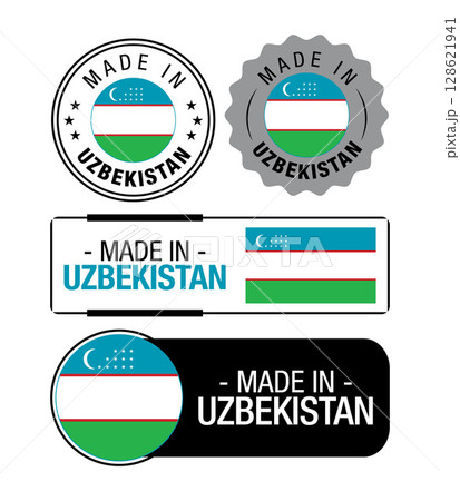 Set of Made in Uzbekistan labels, logo, Uzbekistan flag, Uzbekistan Product Emblem. Vector illustration Set of Made in Uzbekistan labels, logo, Uzbekistan flag, Uzbekistan Product Emblem. Vector illustration 128621941