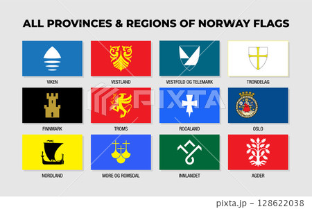 Norway Provinces And Regions Flags Collection Design Template. Provinces Flag of Norway 128622038