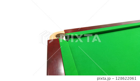 Empty snooker table with hole in left corner, white background. 128622061