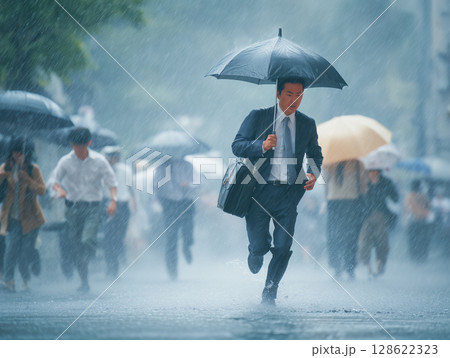 大雨の中を急ぐサラリーマンの出勤風景 大雨の中を急ぐサラリーマンの出勤風景 128622323