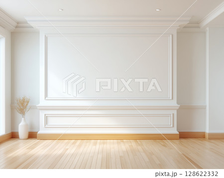 明るい白い壁と木の床のシンプルな部屋 128622332