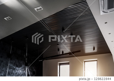 Office black ceiling. Business office meeting room in office with modern decoration. Office black ceiling. Business office meeting room in office with modern decoration. 128622844